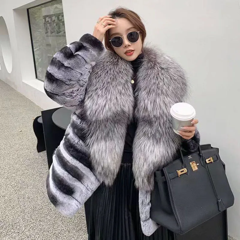 Autumn Winter Rex Rabbit Fur Jacket Women Overcoat Loose Luxury Silver Fox Fur Thick Warm Parker Coat Fur Collar Mao Mao Clothes