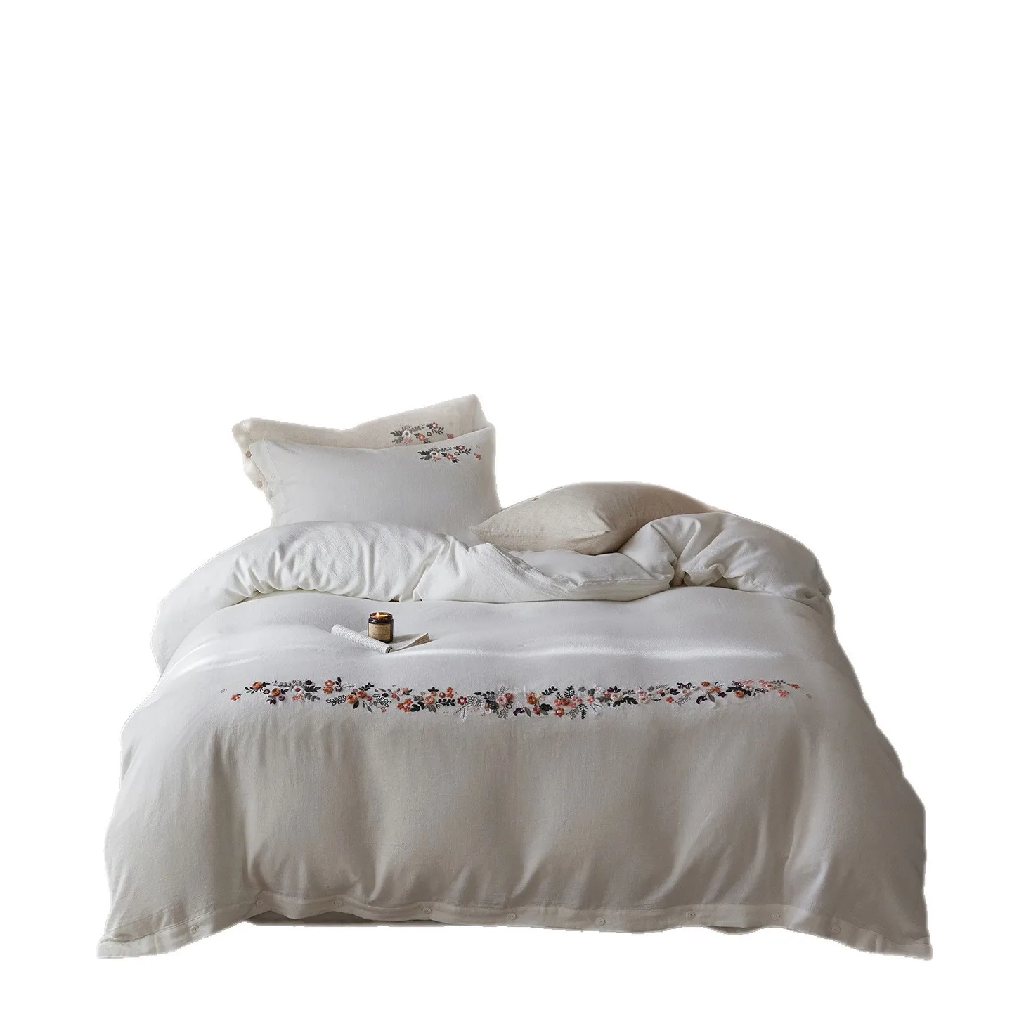 

Tencel, linen, high end, four piece set, flower, embroidery, button, quilt cover