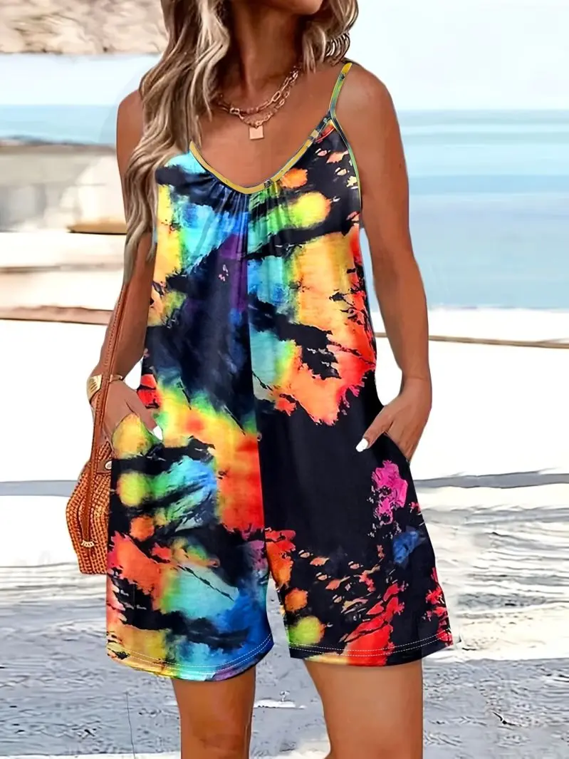 Jumpsuit Hitam Elegan Model Tali Datar Bermotif untuk Musim Semi dan Musim Panas, Cocok untuk Kerja