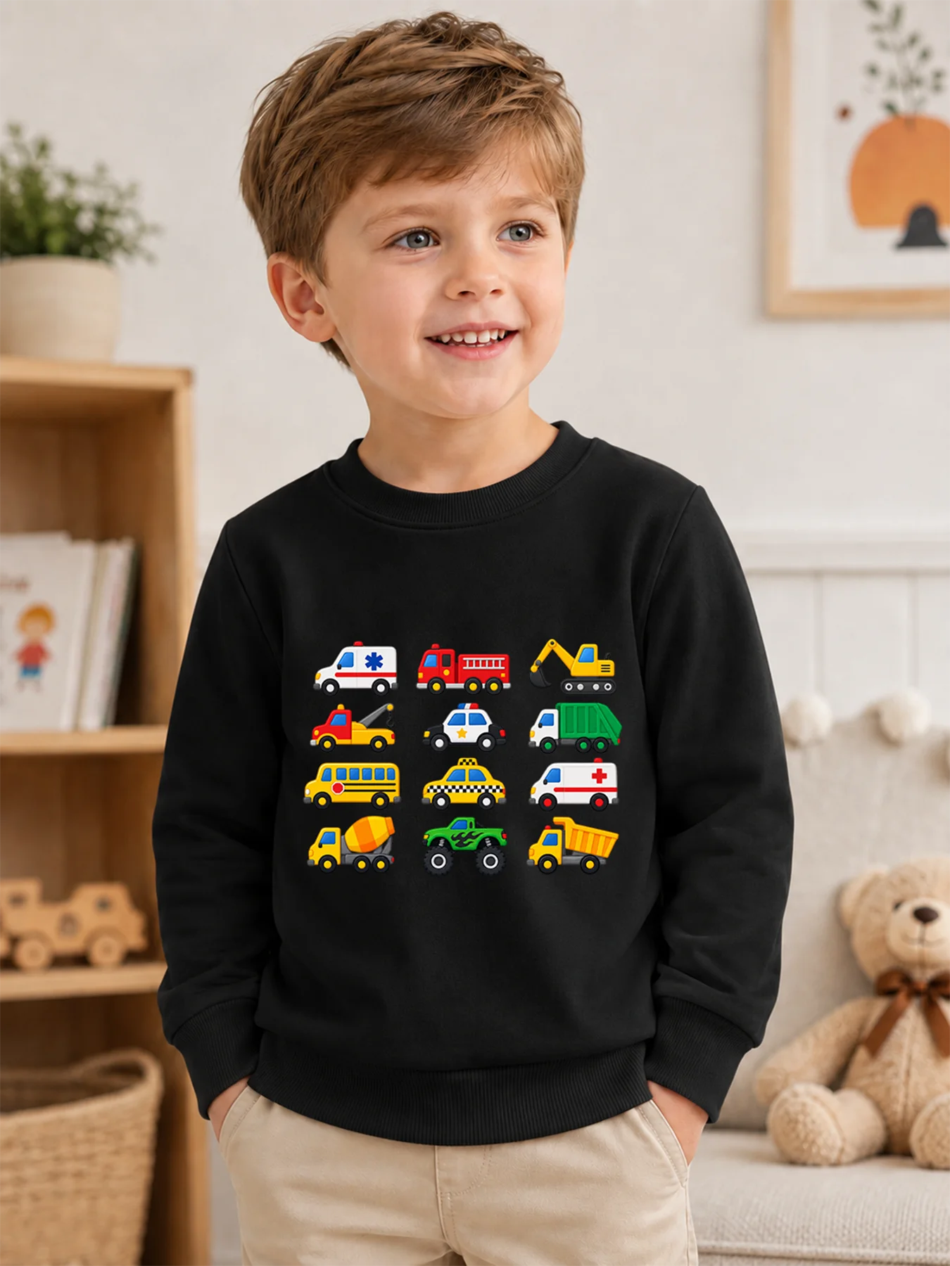 Boys Cartoon Construction Vehicle Print Sweatshirt Kids 100% Cotton Crew Neck Pullover Autumn Long Sleeve Tops Excavator Fire Tr