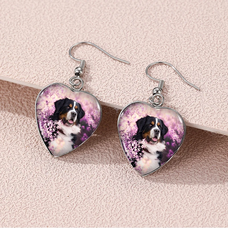 2024 New Bernese Mountain Dog Dangle Earring Heart Shaped Earrings Handmade Glass Dome Jewelry