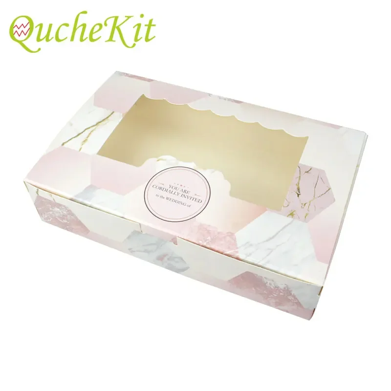 20pcs Pink Marbling Kraft Paper Gift Box With Window Cookie Cake Mooncake Packaging Box Valentine's Day Wedding Party Favors