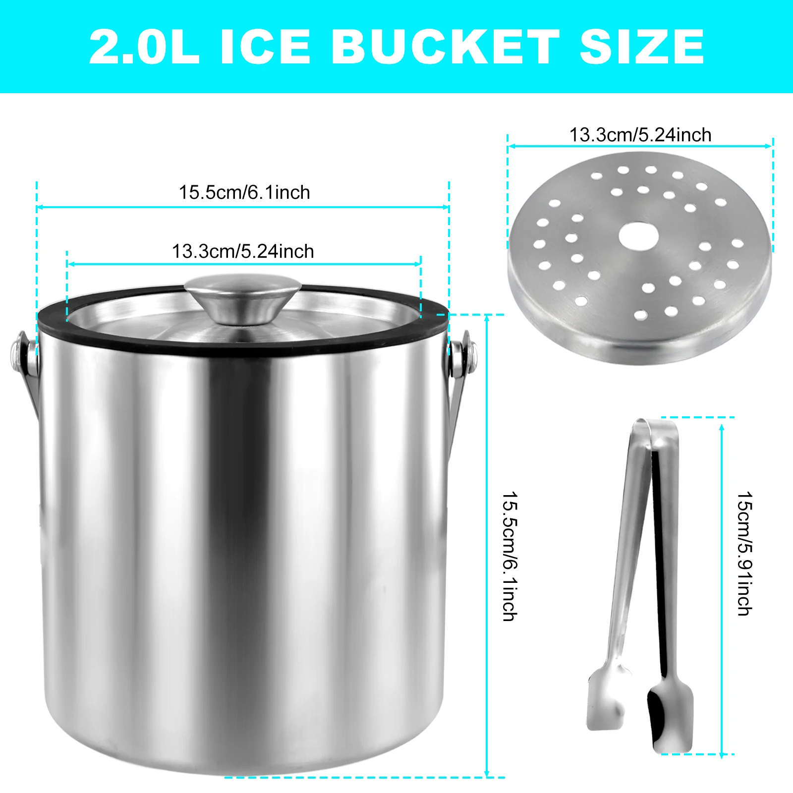 Insulated Ice Bucket with Silicone Lid, Tongs & Strainer, Double Wall Stainless Steel Ice Bucket for Parties and Bar Ice Bucket