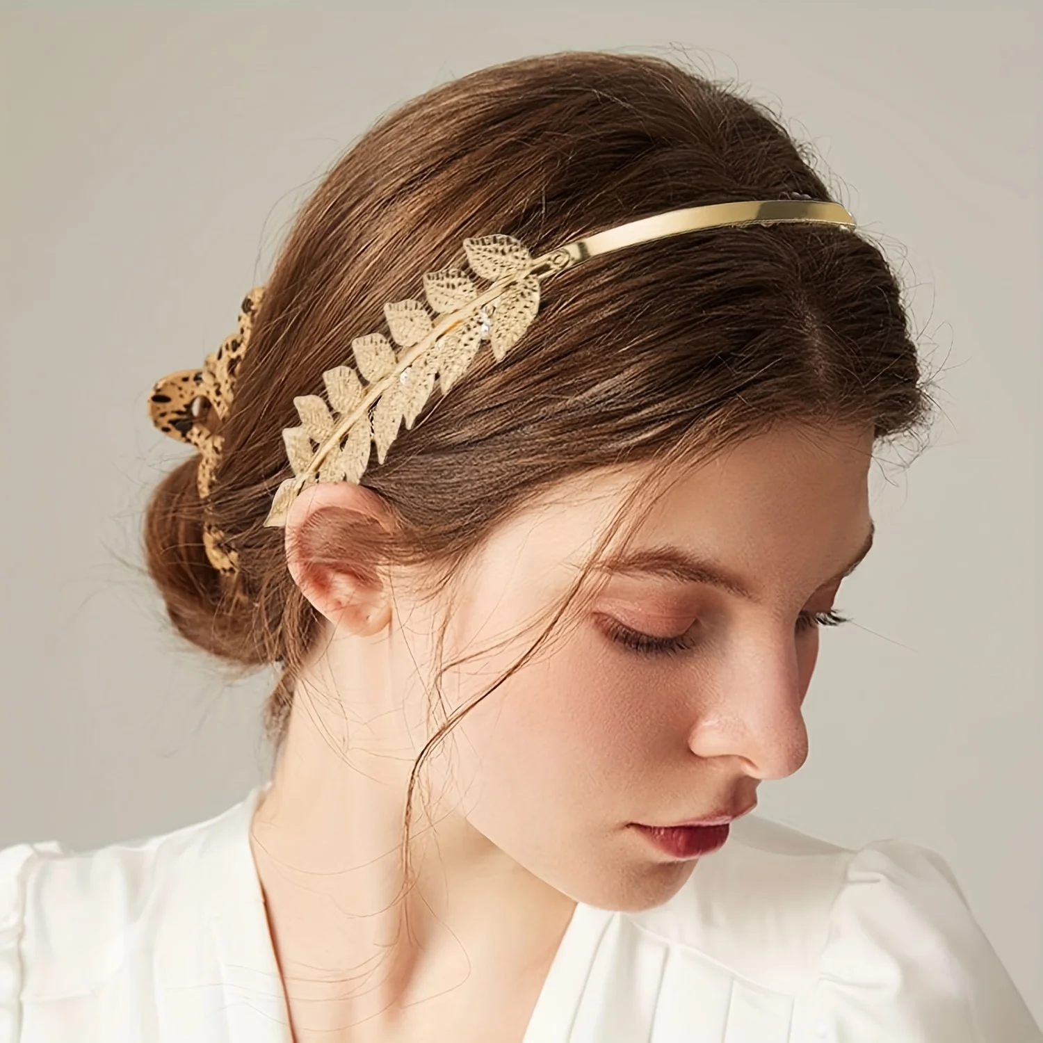 Golden Leaf Back-wearing Headband Baroque Style Olive Branch Fashion Metal Hairpin Headband Bridal Crown Headband