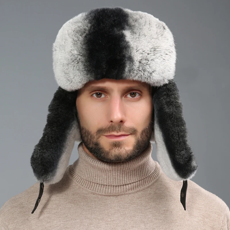 2024 New Men\'s 100% Natural Rex Rabbit Fur Bomber Hats Winter Russian Man Warm Real Sheepskin Leather Hat Male Real Fur Caps