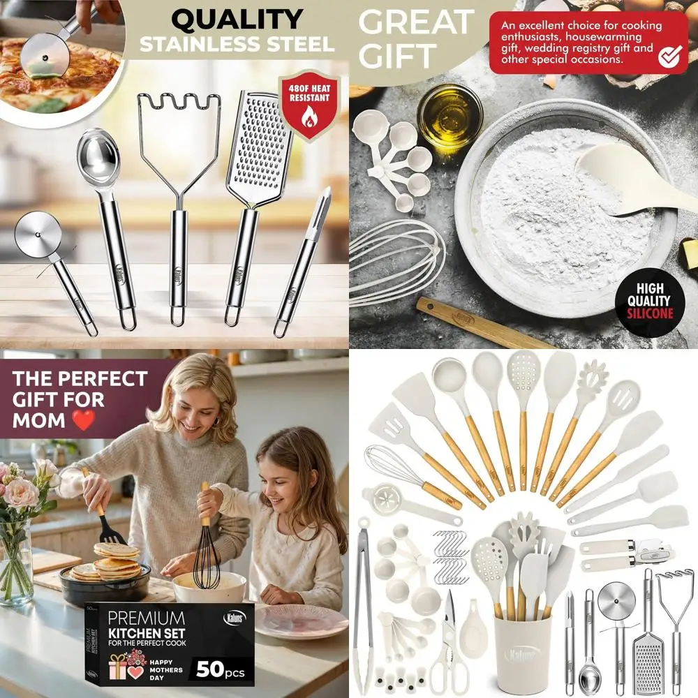 

50-Piece Heat-Resistant Silicone Kitchen Utensil Set with Wooden Handles - Includes Can Opener, Turner, Masher, Spatula