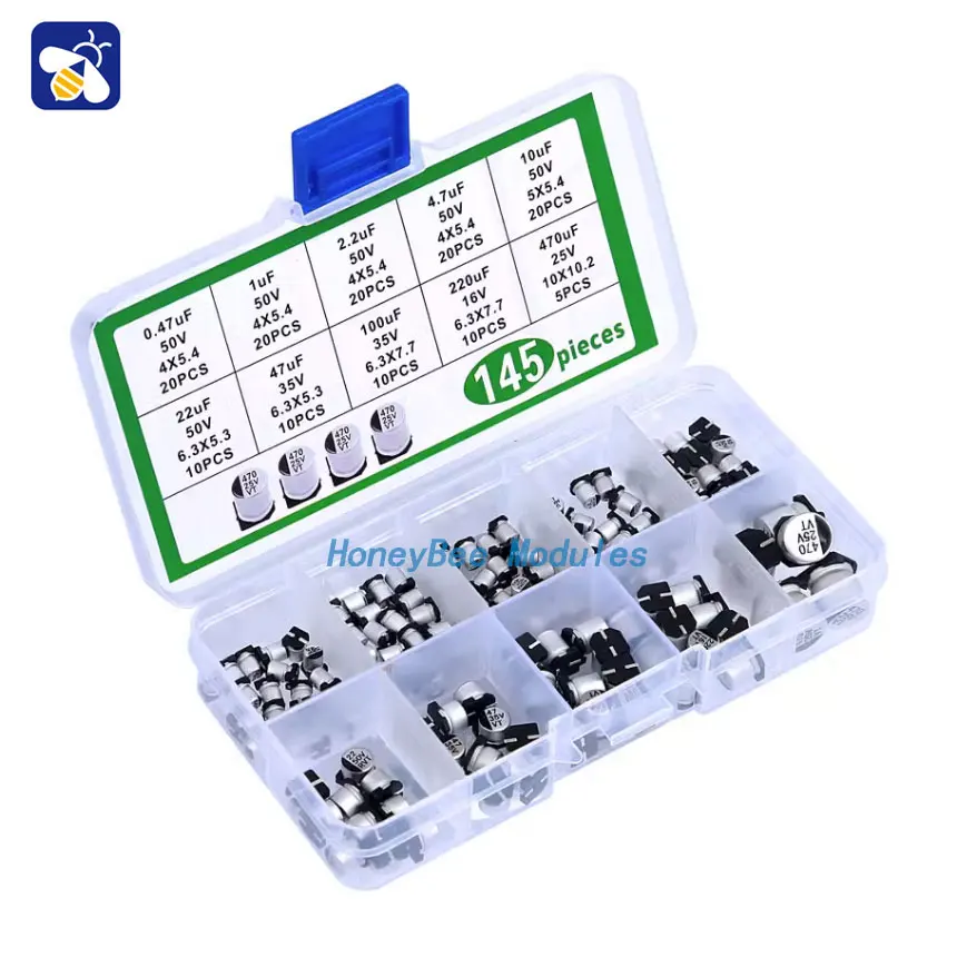 145pcs SMD aluminum electrolytic capacitors set 0.47/1/2.2/4.7/10/22/47/100/220/470uf