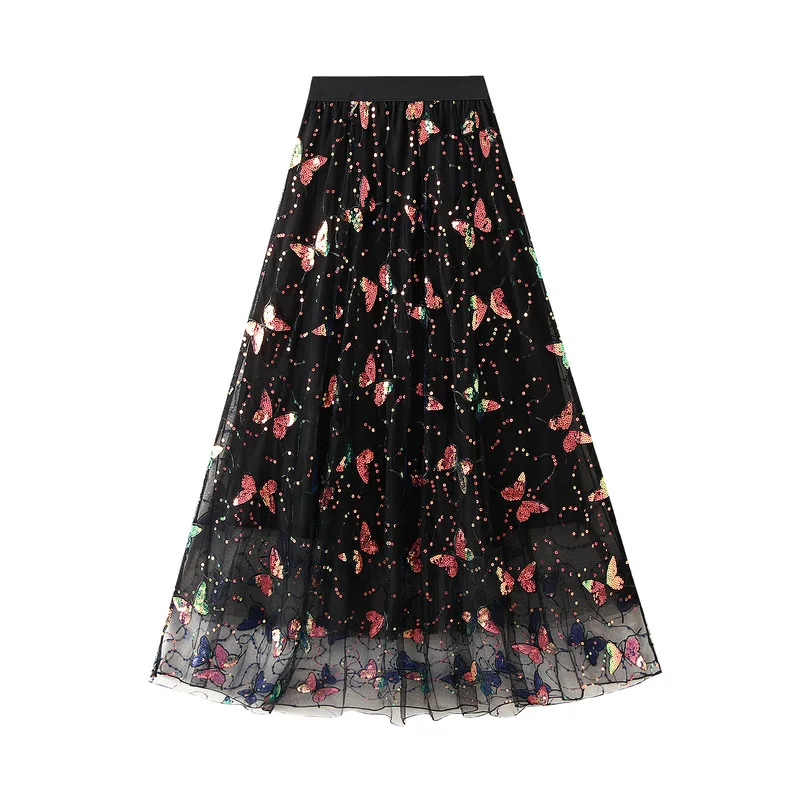 New in 2025 Sequin Butterfly Long Tulle Skirt for Women  Spring Fashion Design A Line High Waist Maxi Mesh Princess Party Skirt
