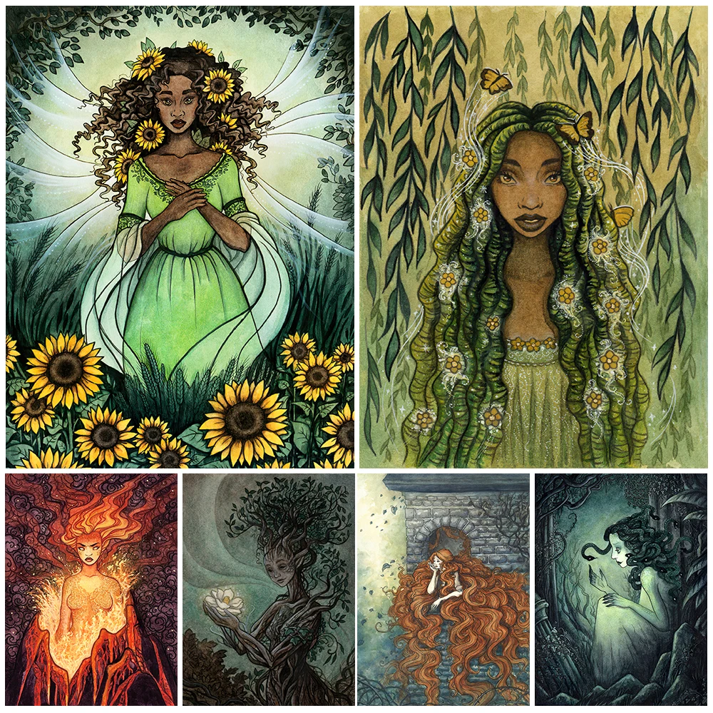 Spring And Summer Goddess Art Prints Rivers,Trees Elemental Elves Of The Magical World Poster Prints Witch Home Decor Wall Art