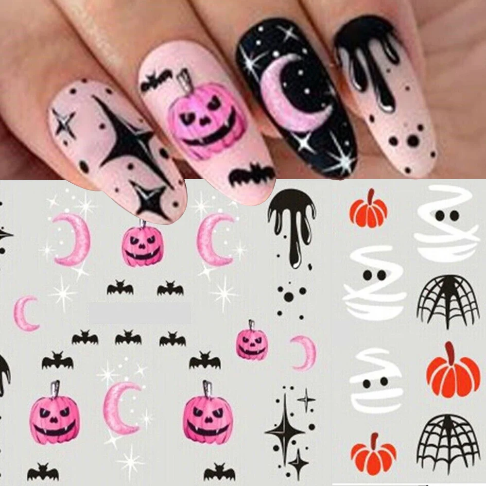 Halloween Nail Art Stickers Evil Pumpkin 3D Nail Decals Cartoon Skull Water Transfer Sticker DIY Festival Nail Decorations