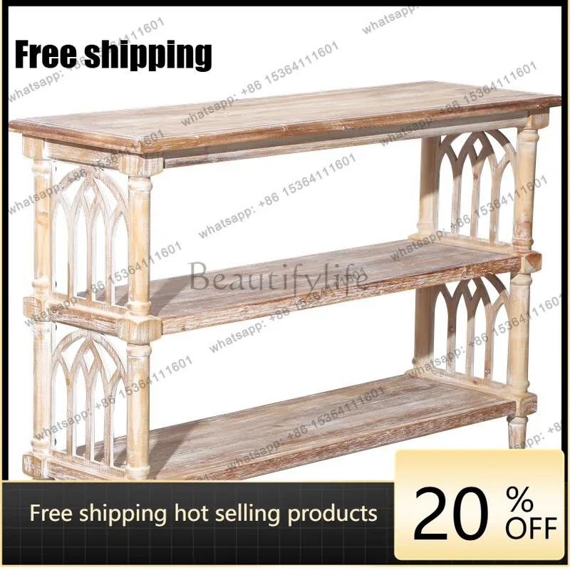 LX French castle style wooden engraving retro old three-layer bookshelf shelf