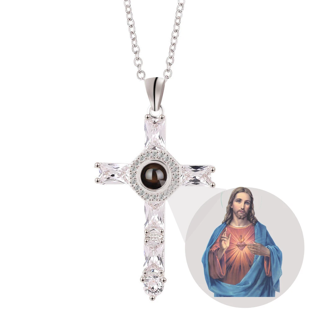 

Holy Custom Jesus Christ Photo Projection Necklace with Picture faith Bible Verse Prayer Christian cross pendant Jewelry gift