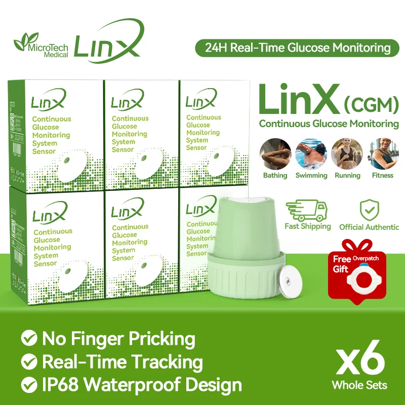 MicroTech 6Sets LinX Sistema de Monitoreo Continuo de Glucosa, Monitor de Glucosa en Sangre de 15 Días para 90 Días