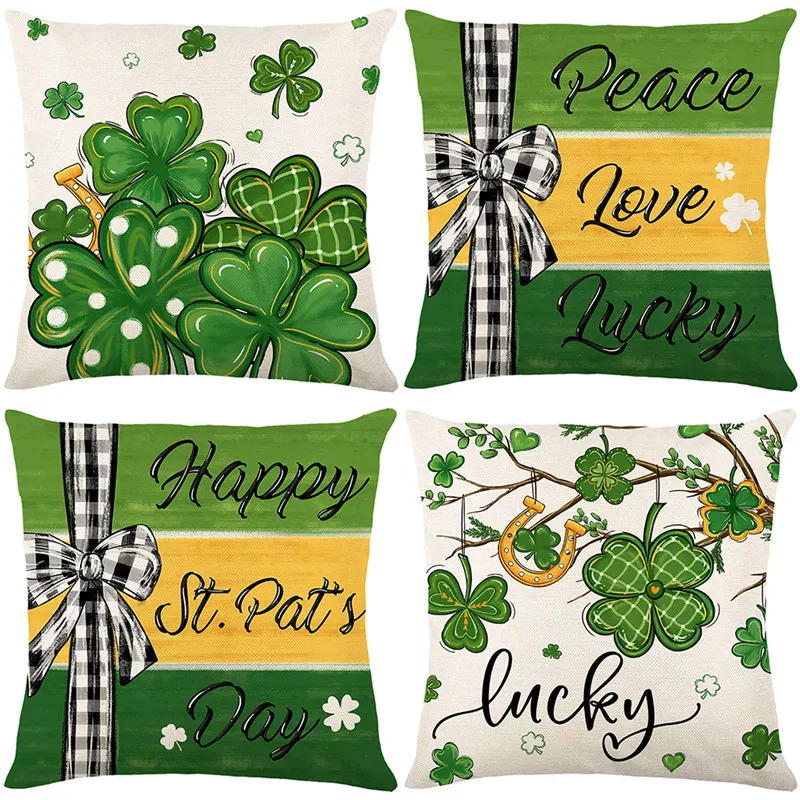 St. Patrick's Day green Printed Pillowcase Cojines Four-Leaf Clover Sofa Decorative Cushion Cover Holiday Decor Pillowcases 2PCS