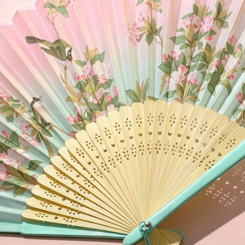 Chinese Style Folding Fan with Flower Bird Pattern Portable Summer Cooling Daily Fan for Women Birthday Gift  photo prop