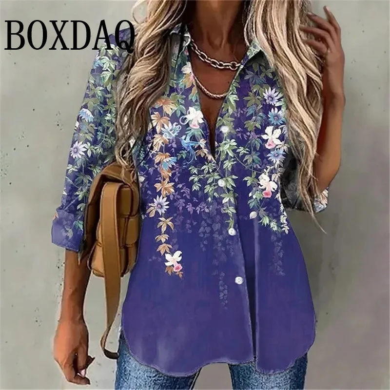 Elegant Women‘S Shirts Tops 2025 New Spring Blue Flower 3D Print Blouses Button Long Sleeve Casual Shirts Summer Female Clothing