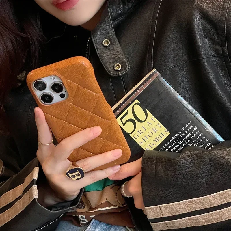 For iPhone 16 15 14 13 Pro Max Luxury Geometric Lattice Pattern Faux Leather Cover Shockproof Bumper Protective Phone Case