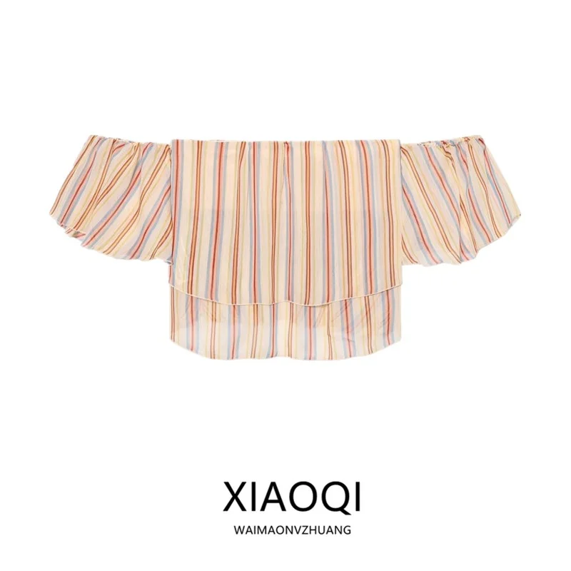 Spring 2026 Women's Shirt Design Sensation Micro Transparent Lace Trim Tube Top Striped Blouse Loose Fit Short Sleeve Commute...