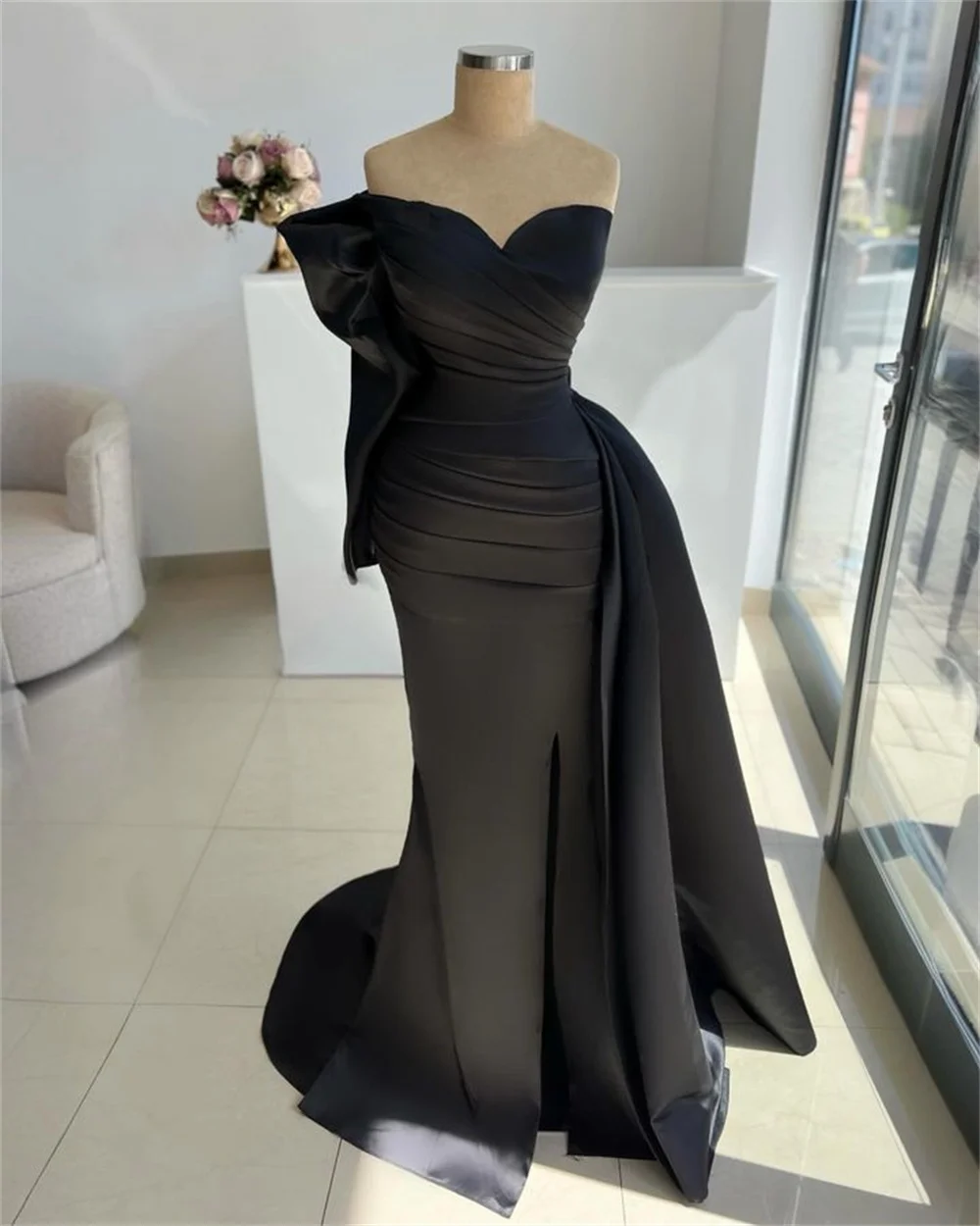 Amanda Dark Satin Party Dresses Strapless Mermaid vestidos de fiesta Elegant Sleeveless Floor-length Side Split فساتين سهرة