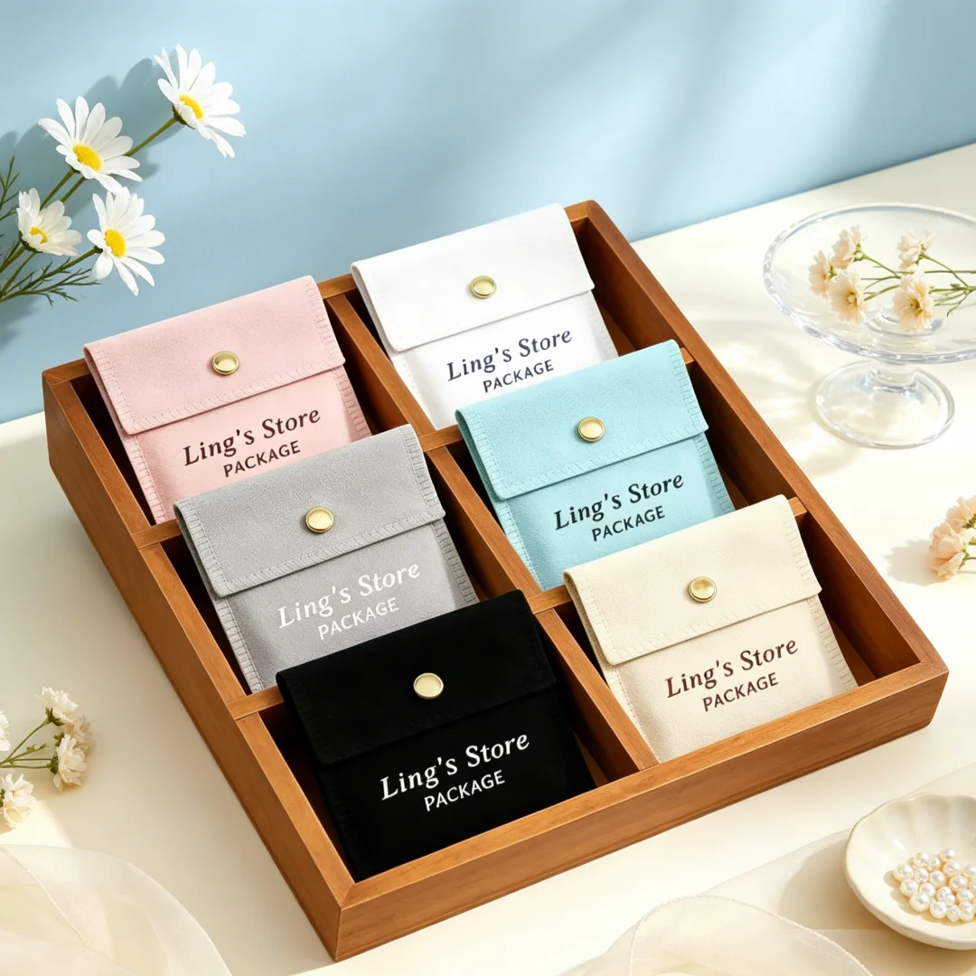 

50pcs Personalized Logo Color Thick Cotton 8x8cm Jewelry Snap Bag Button Envelope Flap Pouch Muslin Pocket for Earrings Pendant