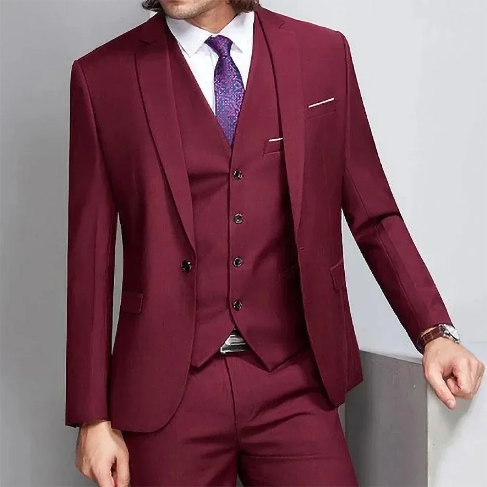 One Button Single Breated Notch Lapel Burgundy Solid Color Leisure Men Suits Slim Fit 3 Piece Jacket Pants Vest Luxury Clothing