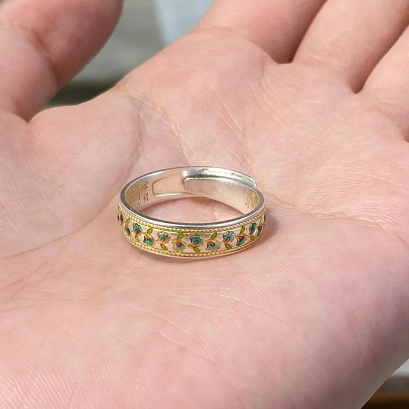 Silver New Vintage Enamel Gold Plated Apricot Leaf Vine Heart Sutra Ring with Adjustable Opening, Exquisite Women's Jewelry