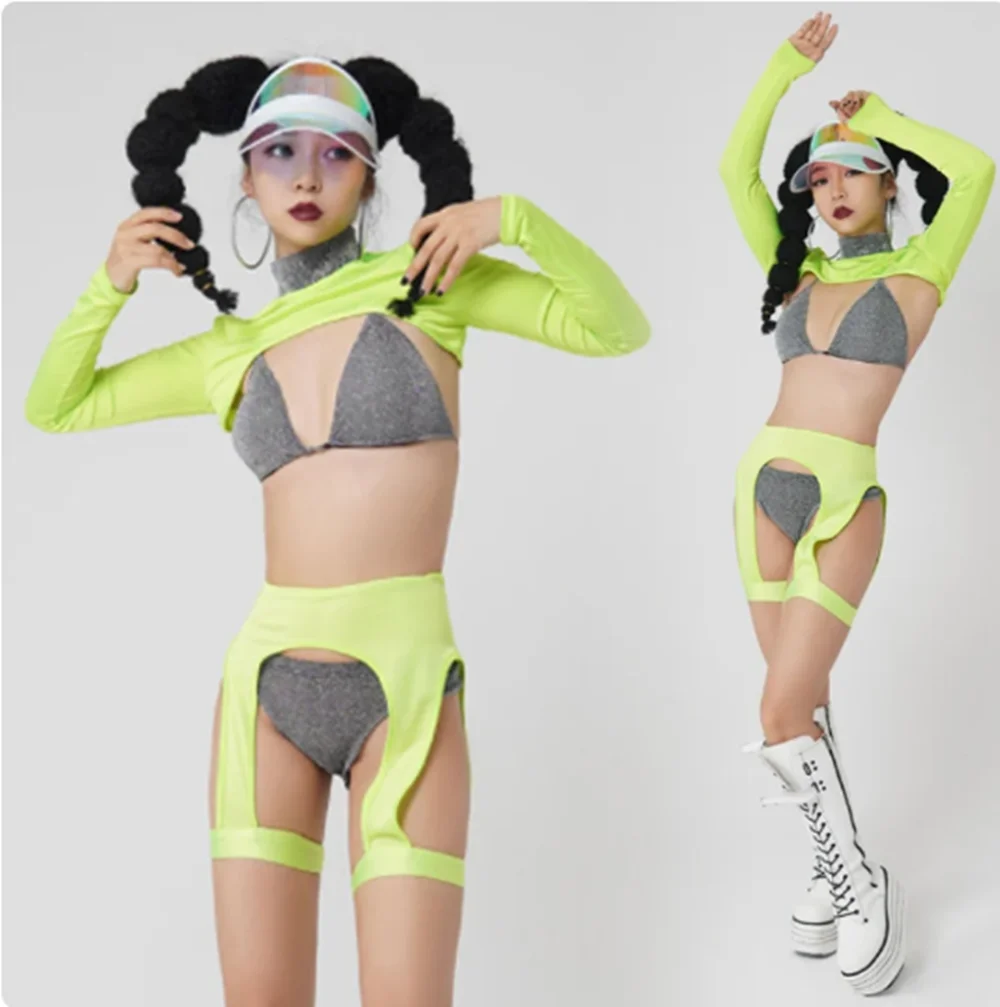 

Fluorescent Green Pole Dance Outfit Nightclub Dj Ds Clothing Sexy Bikini Gogo Dancer Costume Adult Women Jazz Dancewear