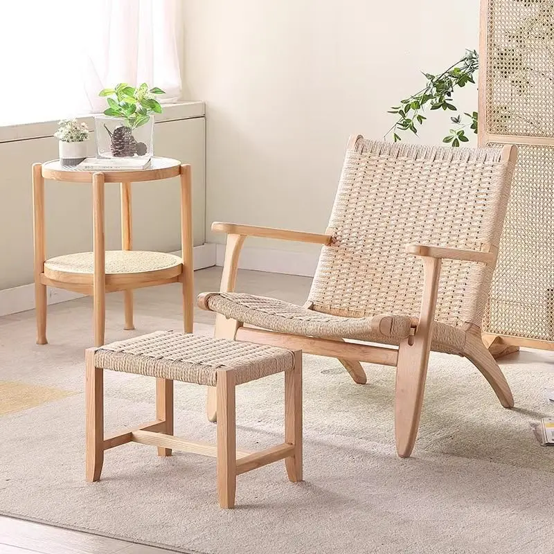 كرسي بذراعين منسوج من الخشب الصلب، كرسي أريكة فردي بسيط لغرفة المعيشة المنزلية والشرفة | كرسي مسند الظهر المريح كسول #3