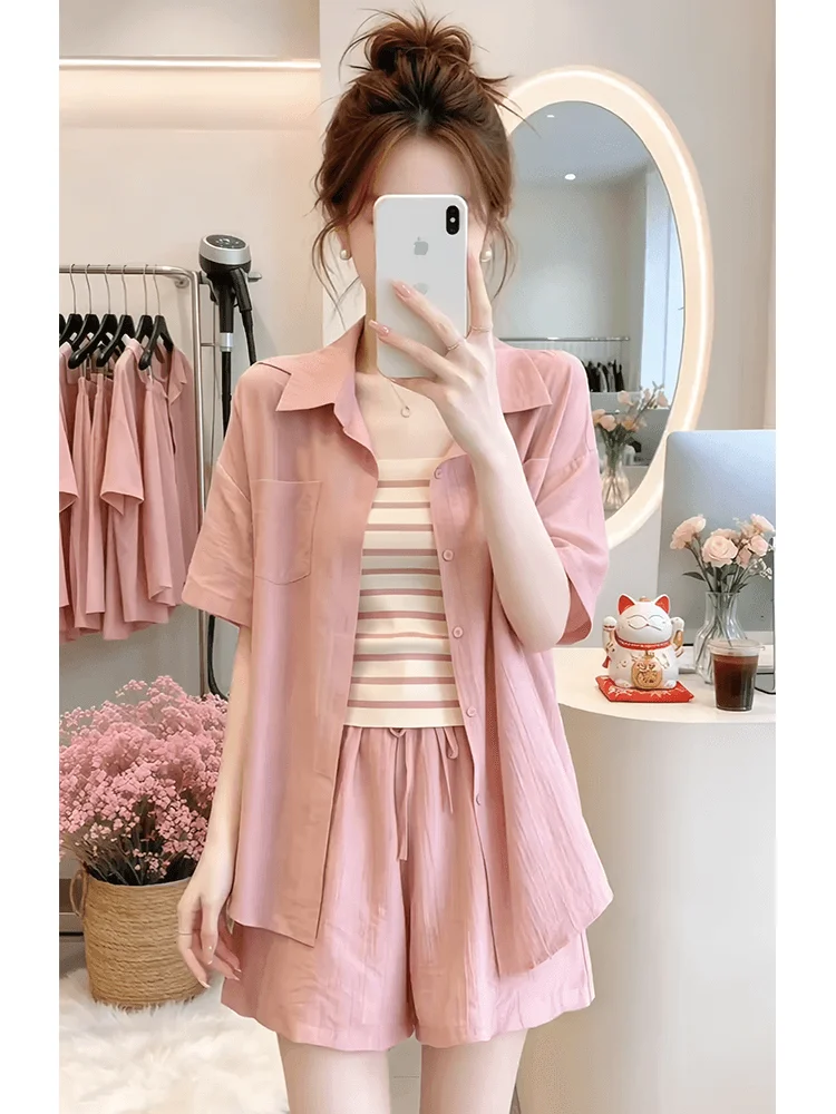 

Pink Sports Outfit Women Summer Lightweight Breathable Sun Protection Vest Shorts Casual Three-piece Set Comfortable Loose Fit