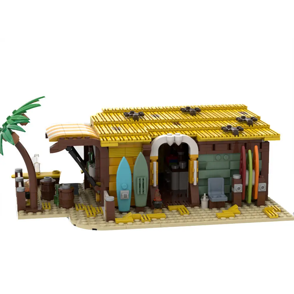 Beach Bar and Surf Shop with Barrel Tables and a Palm Tree 932 Pieces MOC