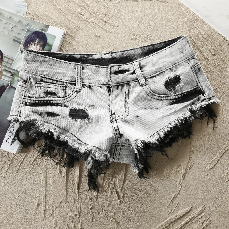 Sexy Low Waist Frayed Color Block Denim Shorts Women's Summer 2023 Club Hot Girls Personality Wrap around Shorts Hot Pants