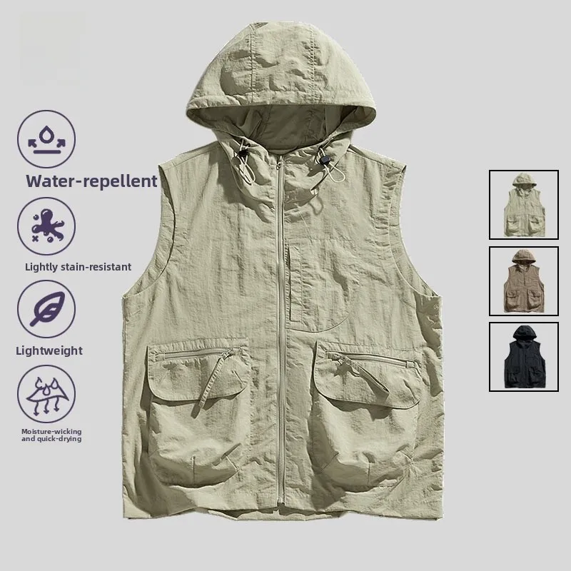 

Lightweight Summer Vest Men's Svel Hooded Outdoor Wear Sunscreen Water-Resistant Qui-Drng Sports Vest Jaet
