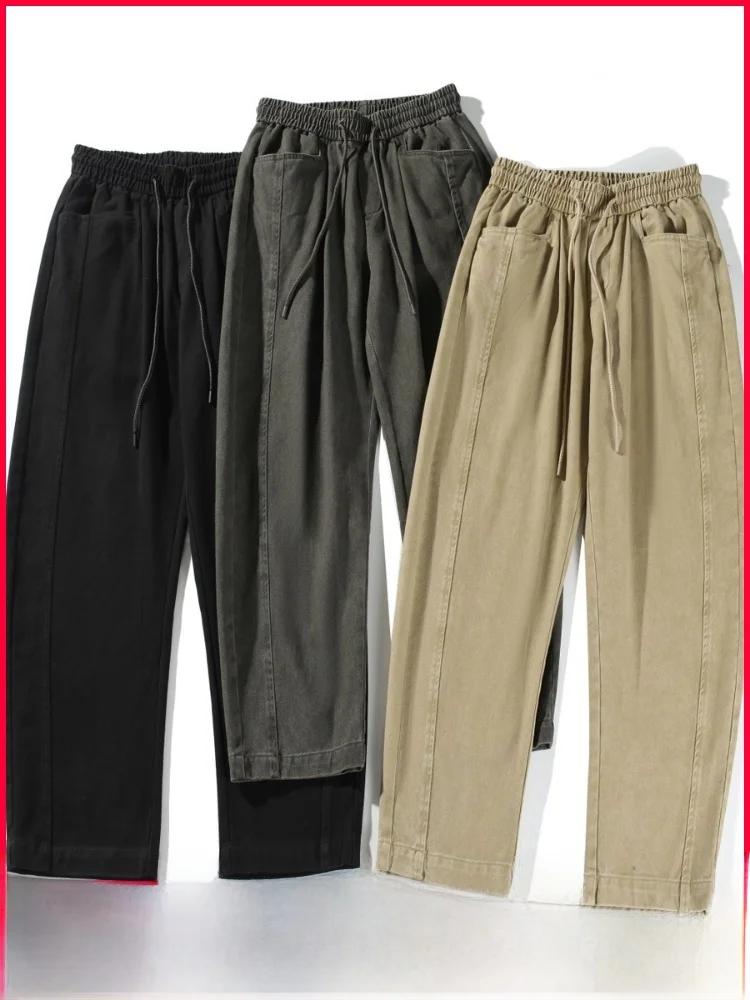 

Retro American Sle High Weight Cotton Waed Men's Casual Pants Elastic Waist Straight Leg Knife Autumn Winter Faion