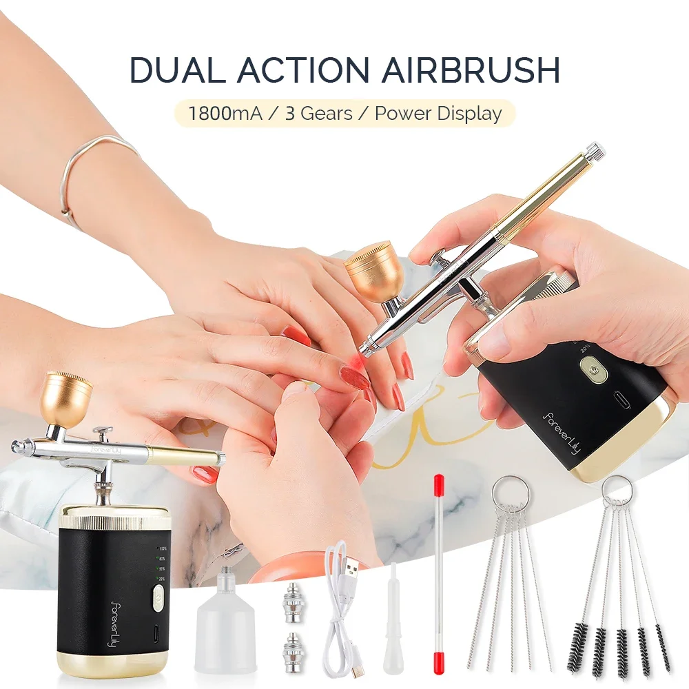 1800mAh Dual-action Mini Air Compressor Kit 0.3mm Nail Airbrush for Nails Cake Makeup Paint Air Spray Gun Oxygen Injector