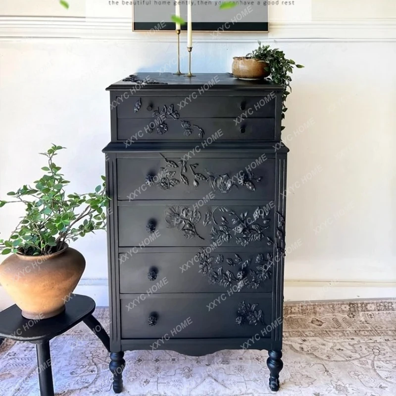 X-S  retro solid wood carving flower chest bedside black narrow drawer bucket cabinet HG