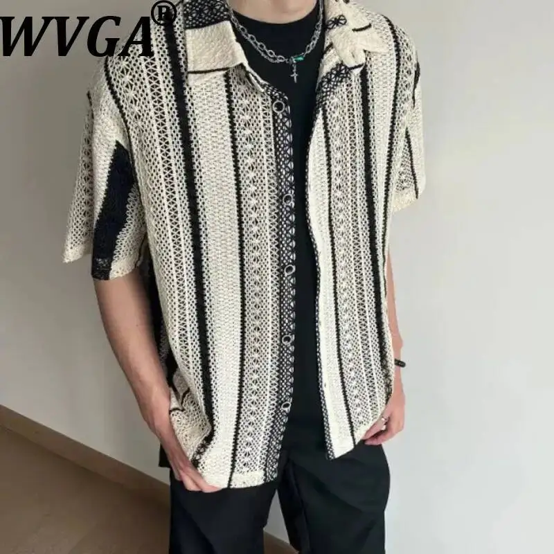 

WVGA Summer New Man Hollow Out Knit Striped Trendy Short Sleeve Shirt Niche Chic Casual Vintage Turn-Down Collar Tops Ins W23594