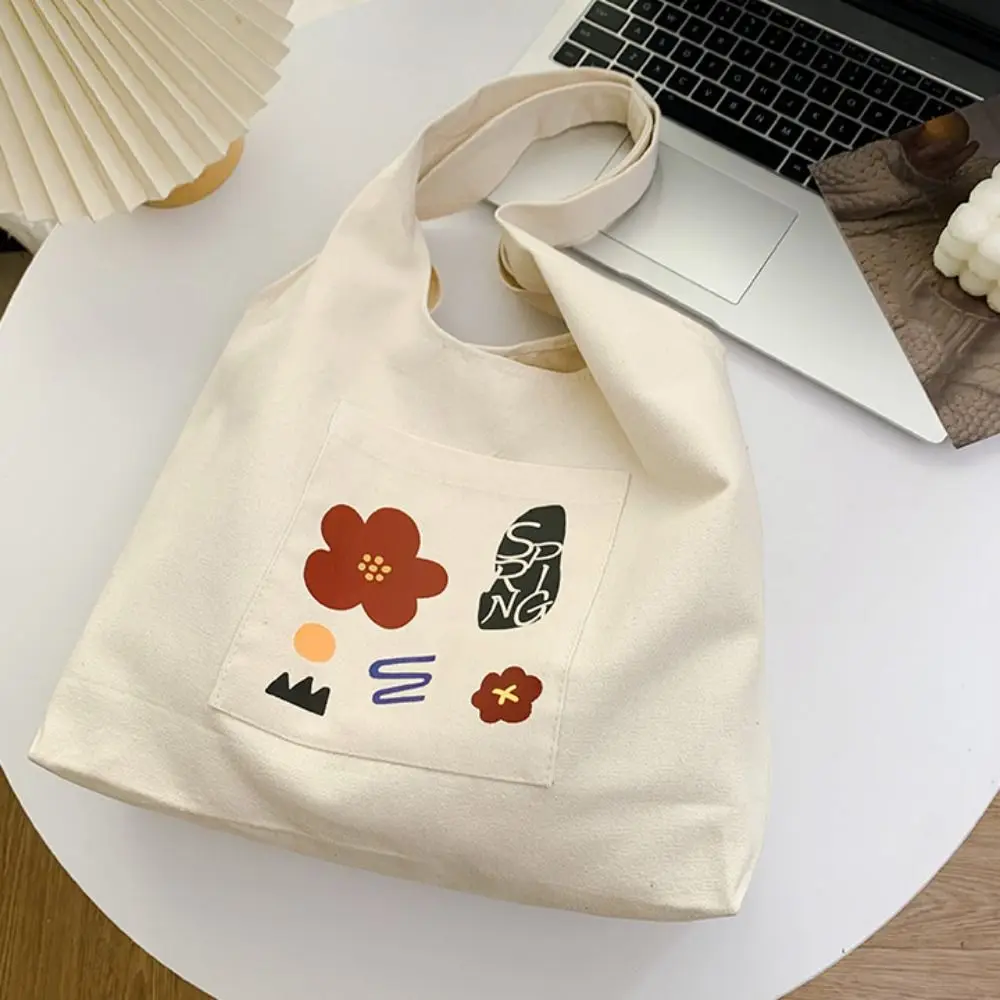 

Trendy Korean Style Flower Tote Bag Large Capacity Handbag Canvas Shoulder Bag Versatile Sweet Women's Armpit Bag Office Worker