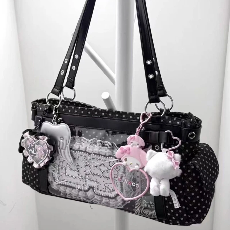 

Japanese Polka Dot Ita Bag, Preppy Style Shoulder Bag Multi-pocket Transparent Lolita Girls Handbag Large Capacity Tote Bag
