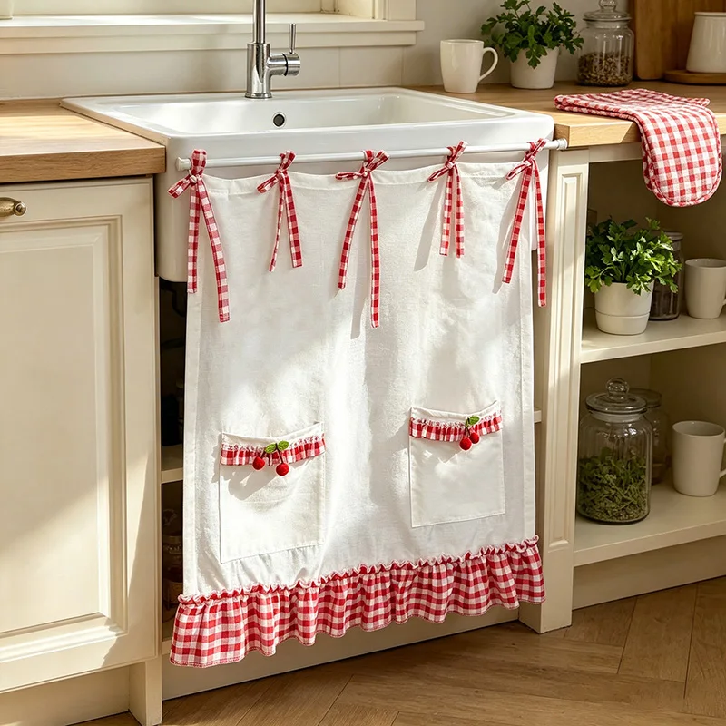 French Romantic Cherry Decor Pocket with Storage Design Small Curtain Red Plaid Tie Top Ruffled Curtain For Kitchen Cabinet