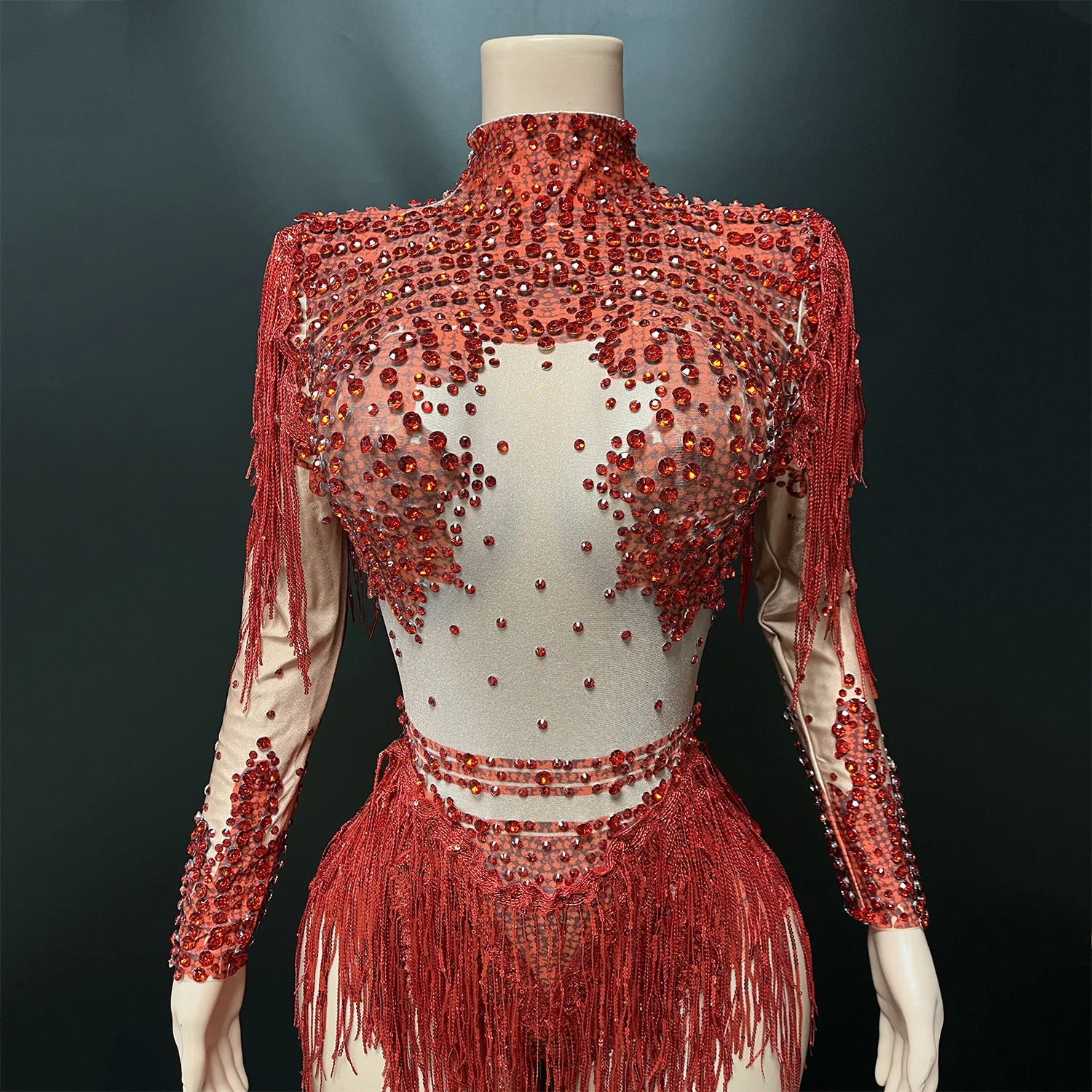 

Diamond Bodysuit Rhinestones Spandex Nylon Stage Performance Outfit for Women Red Tassels Latin Dance Pole Halloween Costumes