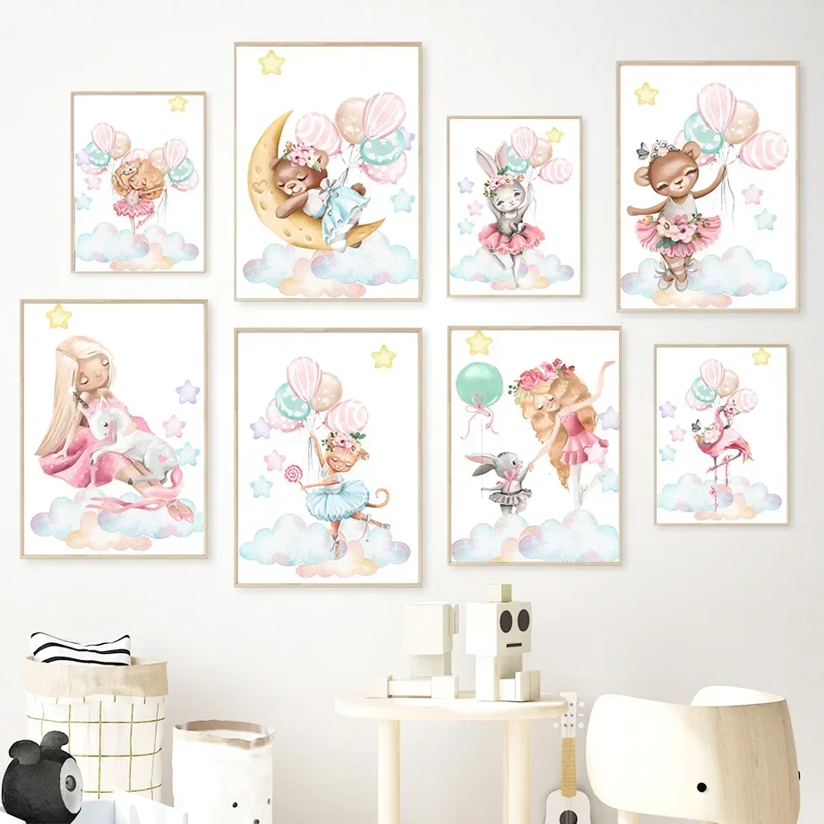 Girl Rabbit Bear Unicorn Flamingo Balloon Cloud Wall Art Nordic Canvas Painting  And Prints Wall Pictures Kids Room Decor