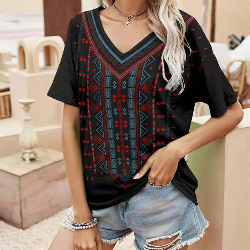 Womens 3D Ethnic Floral Print T-Shirt Vintage V-Neck Top Bohemian Streetwear Harajuku Oversized T-Shirt Womenswear