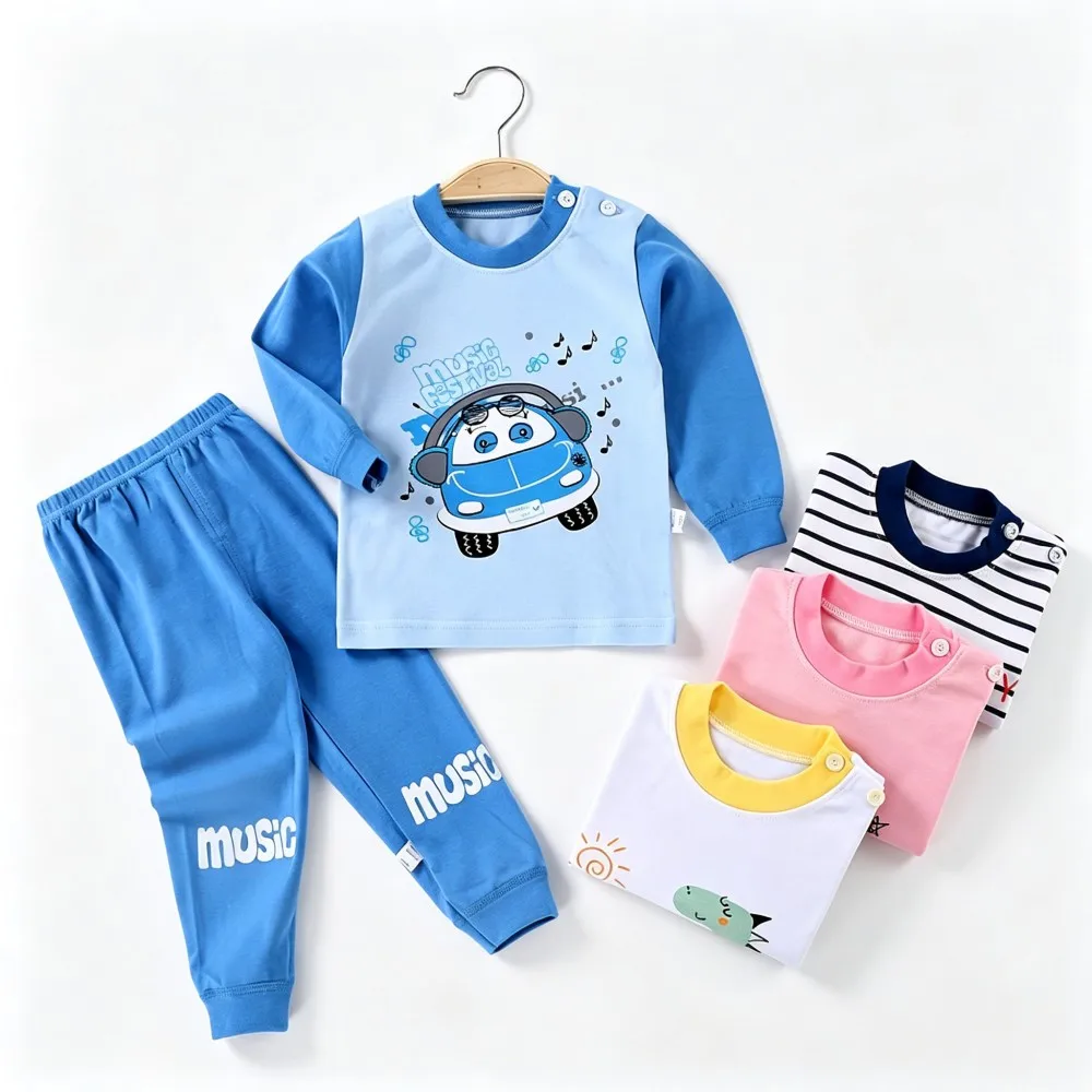 Funny Cartoon Boys Pajamas Sets 100% Cotton Kids Toddler Girl Pijama Night Wear Suits Long Sleeve Pjs Children's Clothing Outfit
