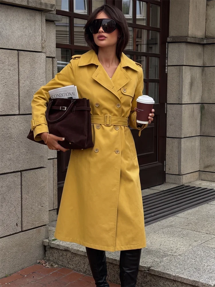 Womens Yellow Long Trench Coat Double Breasted Belted Epaulet Lapel Jacket Spring Fall Work Daily Streetwear Vintage Outerwear
