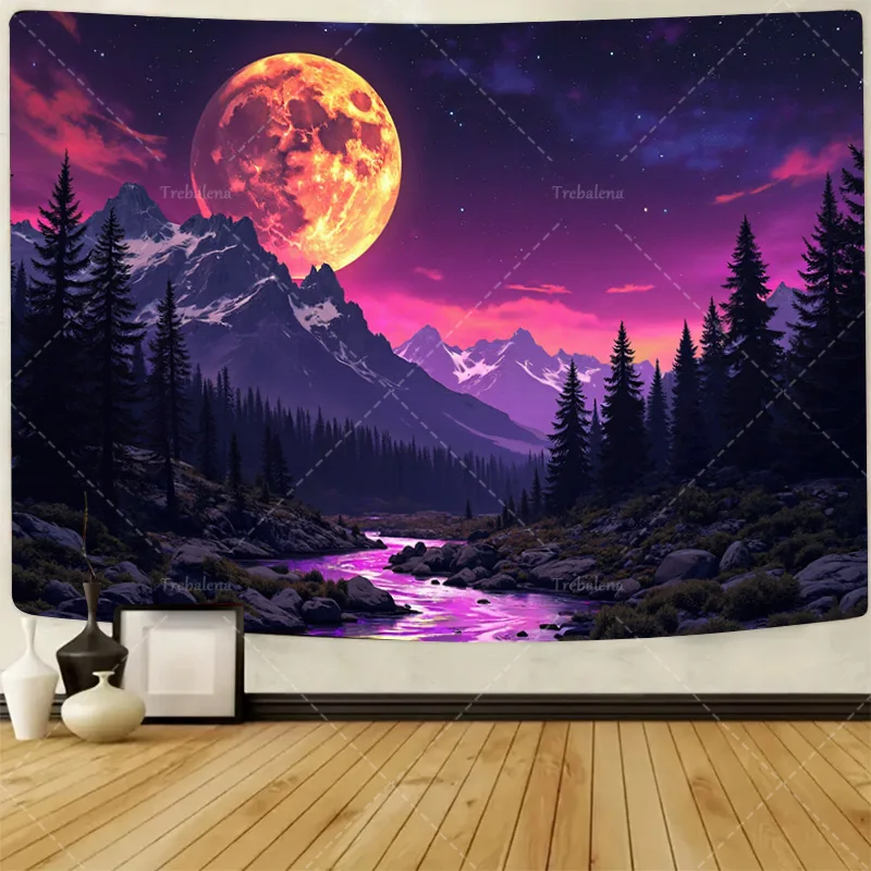 

1pc Wall Tapestry "Mystic Moonlit Mountain Scene Tapestry - Fantasy Forest Night Sky Decor"