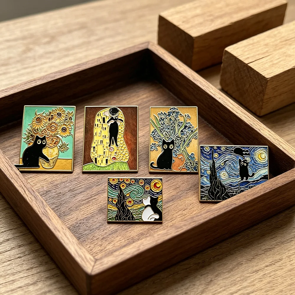 5pcs Famous Painting Black Cat - Collectible Vintage Brooches ulasan dan harga