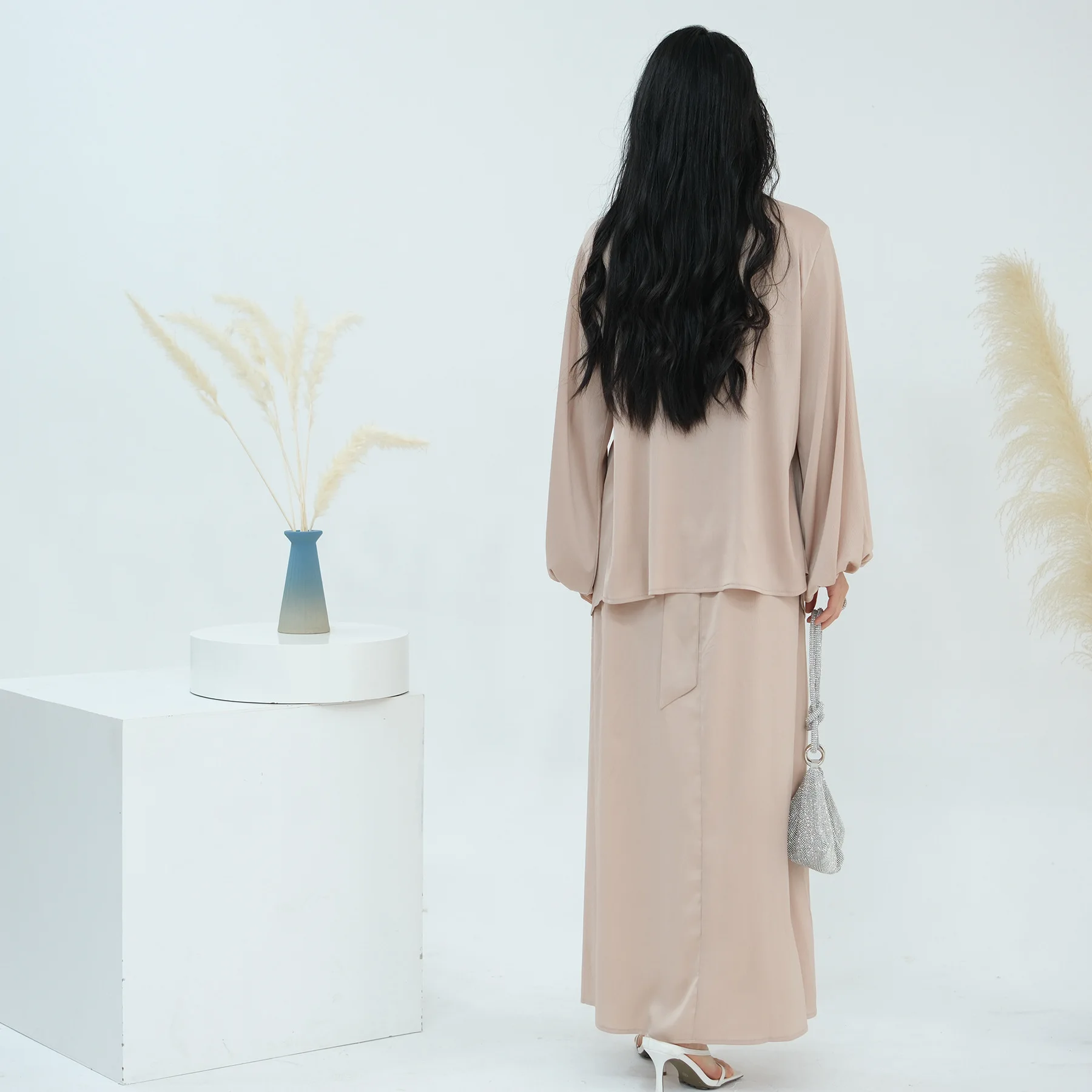 

Satin 2 Piece Abaya Dubai Kimono Coat Sleeveless Maxi Dress Suit Set Muslim Prayer Clothes Women Marocain Robe Femme Musulmane