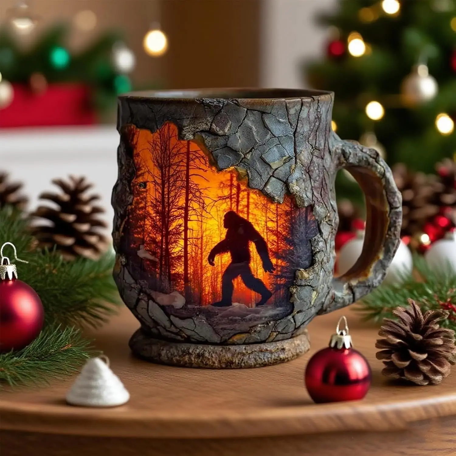 

Halloween Gorilla Bigfoot Forest Fire Mug 3D Tree Bark Texture Design Funny Coffee Large Capacity Mugs Desktop Ornament Gift