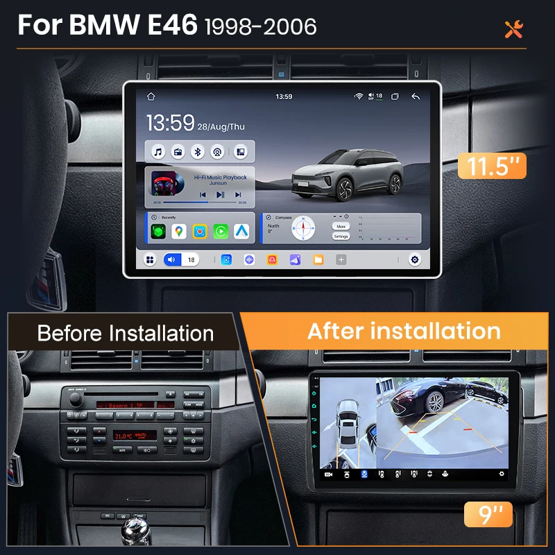 Autoradio Android Auto AWESAFE pour BMW E46 M3 1998 1999 2000-2006 318 320 325 330 335 Système Multimédia Intelligent Sans Fil CarPlay Écran Tactile IPS Lecteur Vidéo Stéréo 2 Din Autoradio Unité Principale Navigation BT GPS 4G WIFI FM DSP RDS SWC