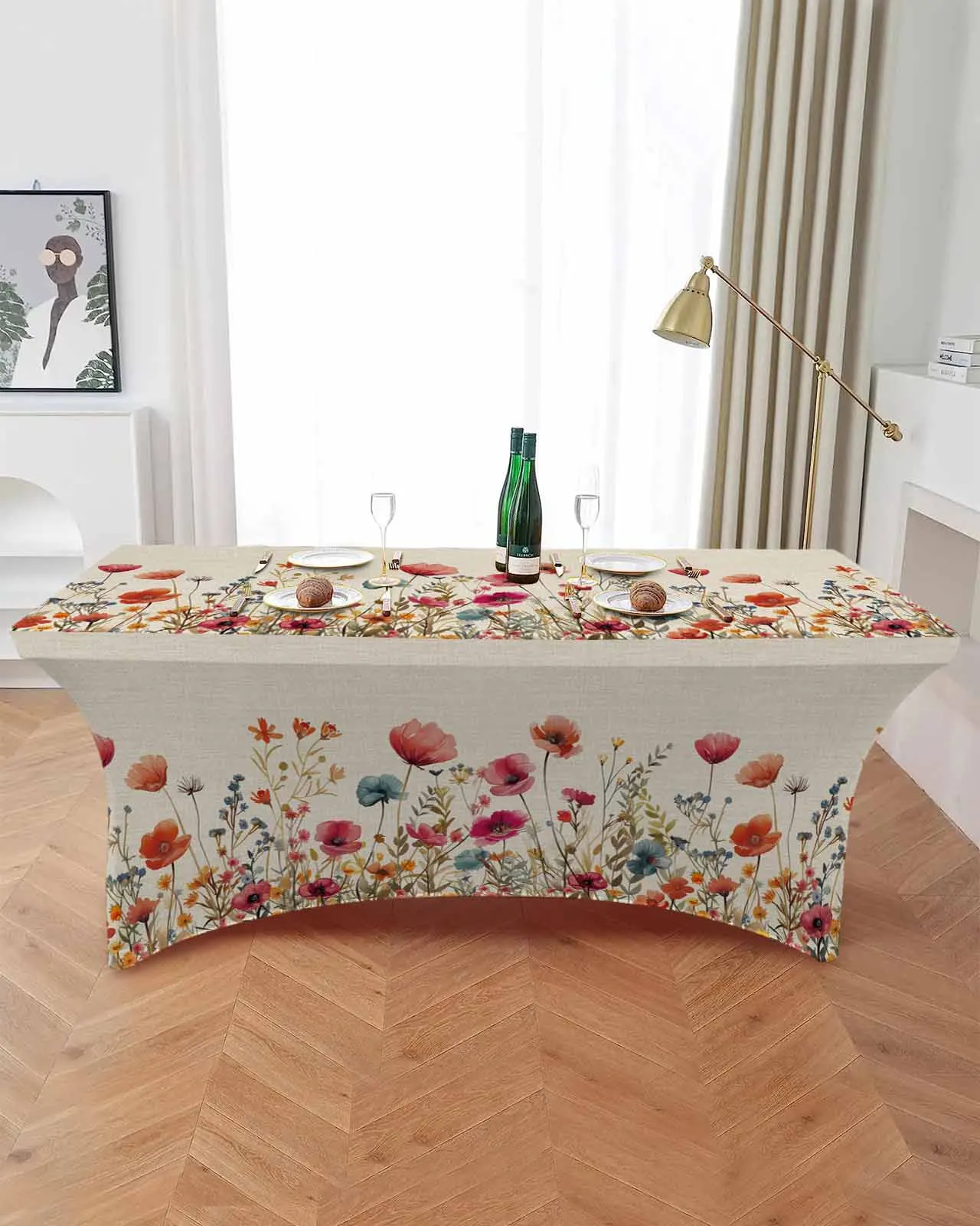 Watercolor Flowers Chrysanthemum Rectangular Elastic Table Skirt Wedding Hotel Table Cover Holiday Dining Table Tablecloth